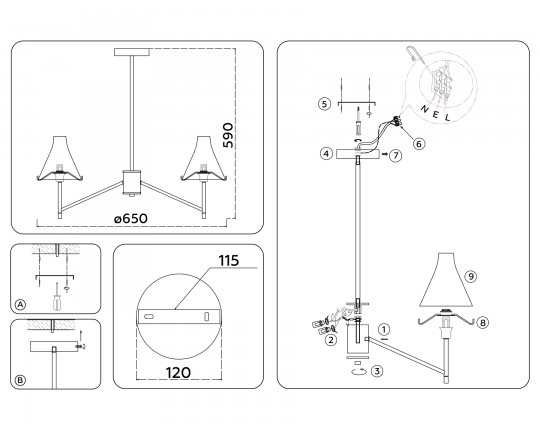  Люстра со стеклянными плафонами на штанге LH57131/3 BS/FR латунь/белый матовый E14/3 max 40W D650*590