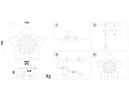  Потолочный светодиодный светильник с пультом FA8915/5+5 BK/CH черный/хром 193W 3000K-6400K 770*740*120 (ПДУ РАДИО 2.4G)