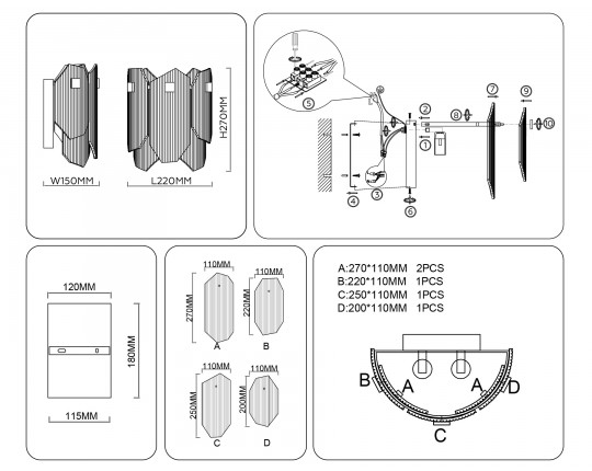  Настенный светильник LH31207/2 SN/SM сатин никель/дымчатый E14*2 max 40W 220*150*270