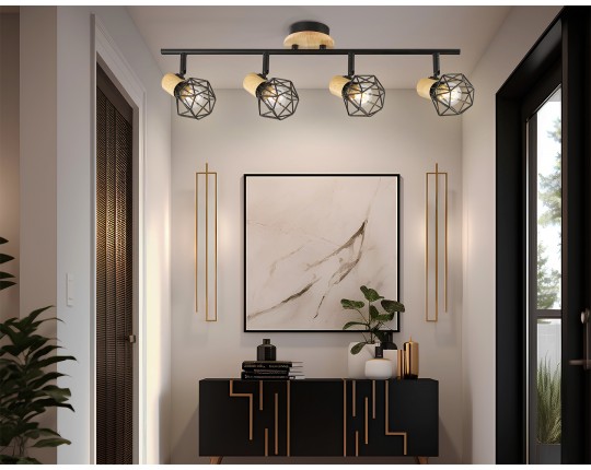  Настенно-потолочный спот в стиле лофт TR8754/4 BK/WD черный/дерево IP20 E27/4 615*115*200