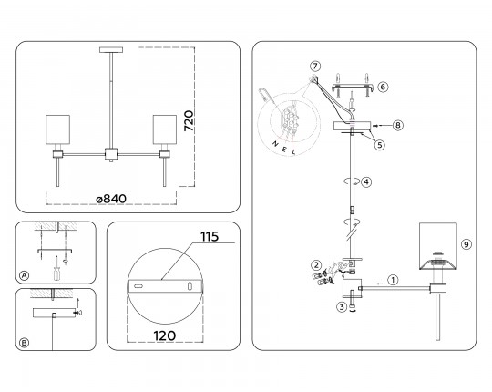  Люстра с абажурами на штанге LH72373/7 DBS/WH темная латунь/белый E14/7 max 40W D840*720