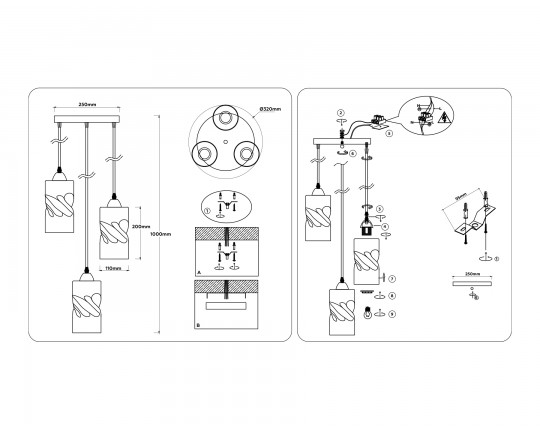  Светильник подвесной со стеклянными плафонами TR3414/3 BK черный E27/3 max 60W D320*1000