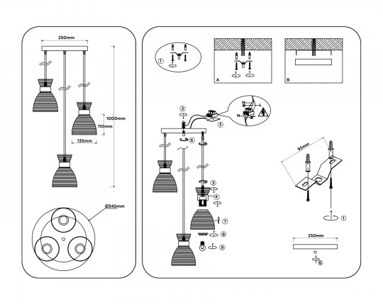  Светильник подвесной со стеклянными плафонами TR3402/3 FGD золото E27/3 max 60W D345*1000