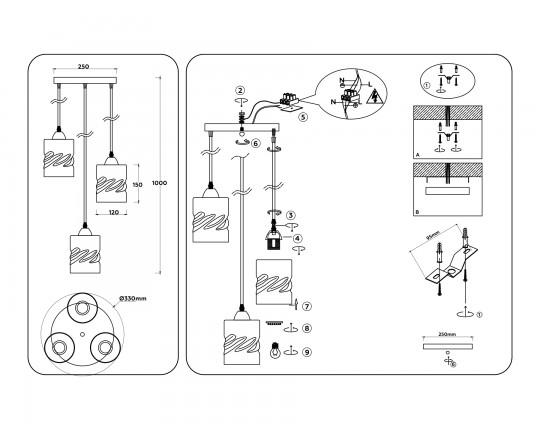  Светильник подвесной со стеклянными плафонами TR3410/3 BK черный E27/3 max 60W D330*1000