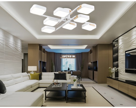  Люстра светодиодная на штанге FL4888/8 WH/WD белый/дерево 144W 3000-6000K  960*960*160 (без ПДУ)