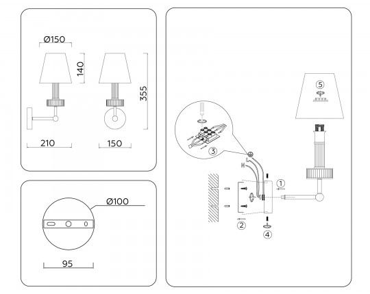  Настенный светильник с абажуром и хрусталем LH71025 BS/WH латунь/белый E14 max 40W 210*150*355