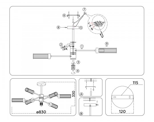  Люстра со стеклянными плафонами на штанге LH55161/6 BS/CL латунь/прозрачный E14/6 max 40W D830*330