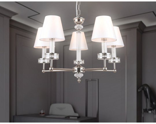  Подвесная люстра с абажурами и хрусталем LH71001/5 BN/WH никель/белый E14*5 max 40W D670*1130