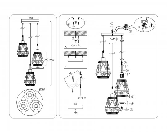  Светильник подвесной в стиле лофт TR8522/3 BK/SB черный/бронза E27/3 max 60W D380*1000