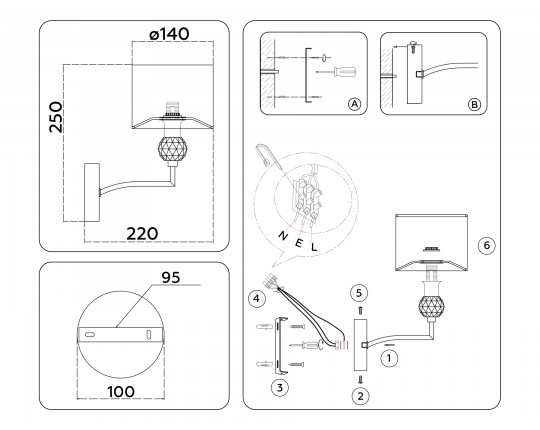  Настенный светильник с абажуром и хрусталем LH71125 SN/WH никель/белый E14 max 40W 220*140*250