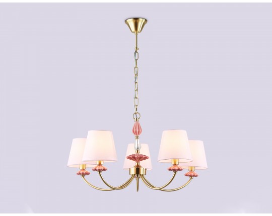  Подвесная люстра с абажуром и декором из керамики LH75024/5 GD/PI золото/розовый E14/5 max 40W D700*780