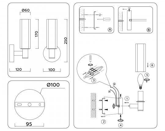  Настенный светильник LH55517 BK/BS/CL черный/латунь/прозрачный E14 max 40W 120*100*250