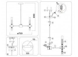  Люстра со стеклянными плафонами на штанге LH55353/14 BK/CGD/CL черный/золото/прозрачный G9/14 max 30W D750*690