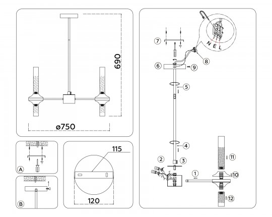  Люстра со стеклянными плафонами на штанге LH55353/14 BK/CGD/CL черный/золото/прозрачный G9/14 max 30W D750*690