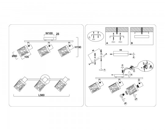  Настенно-потолочный спот в стиле лофт TR8669/3 BK/SB чёрный/бронза E14/3 max 60W 560*100*190