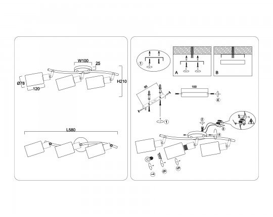  Настенно-потолочный спот в стиле лофт TR8722/3 BK/WD черный/дерево E14/3 max 60W 580*100*210
