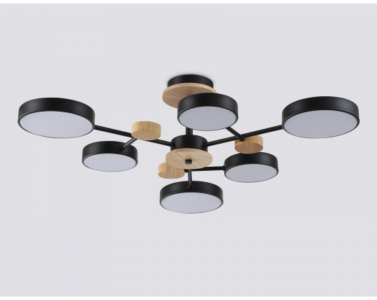  Люстра светодиодная на штанге FL4863/6 BK/WD черный/дерево 90W 3000-6000K D750*180 (без ПДУ)