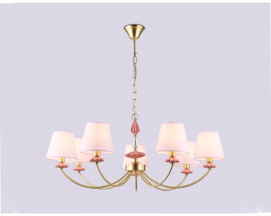 Подвесная люстра с абажуром и декором из керамики LH75025/7 GD/PI золото/розовый E14/7 max 40W D890*800