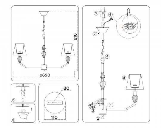  Подвесная люстра с абажуром и декором из керамики LH75061/5 CH/DB хром/темно синий E14/5 max 40W D690*810