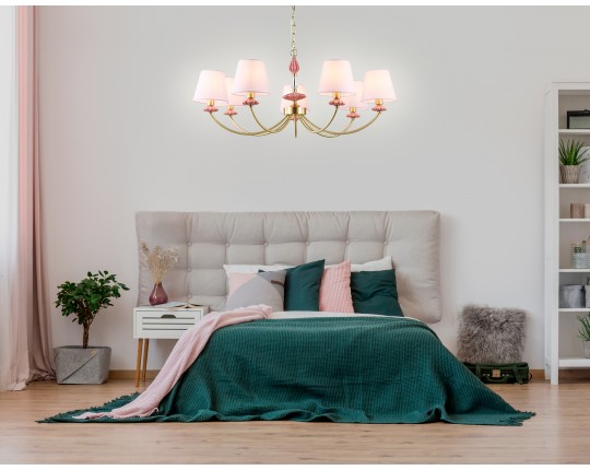  Подвесная люстра с абажуром и декором из керамики LH75025/7 GD/PI золото/розовый E14/7 max 40W D890*800