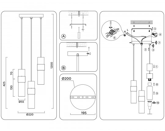  Подвесной светильник LH55102/3 BK/FR/TI черный/белый матовый/янтарь E14*3 max 40W D220*1200