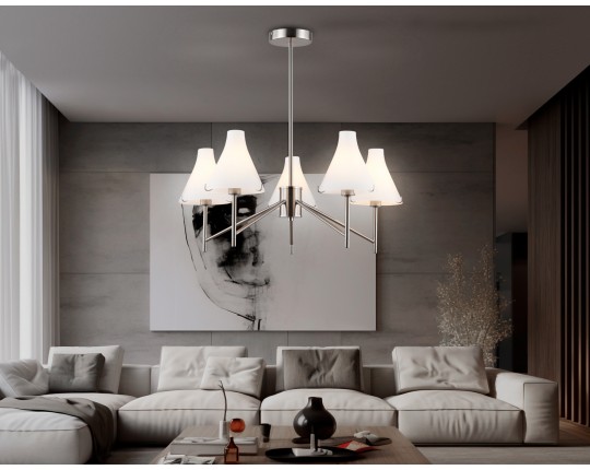  Люстра со стеклянными плафонами на штанге LH57123/5 SN/FR никель/белый матовый E14/5 max 40W D650*590