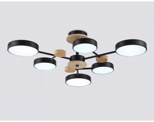  Люстра светодиодная на штанге FL4863/6 BK/WD черный/дерево 90W 3000-6000K D750*180 (без ПДУ)