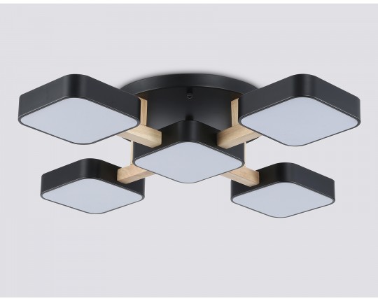  Люстра светодиодная на штанге FL4883/5 BK/WD черный/дерево 90W 3000-6000K 675*675*110 (без ПДУ)