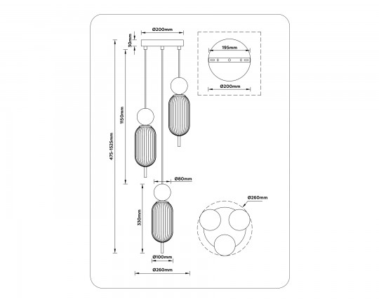 Подвесной светильник LH53102/3 BS/GR/FR латунь/серый/белый матовый G9*3 max 28W D260*1525