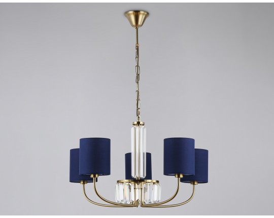  Подвесная люстра с абажурами и хрусталем LH71271/5 BS/DB латунь/темно синий E14/5 max 40W D650*840