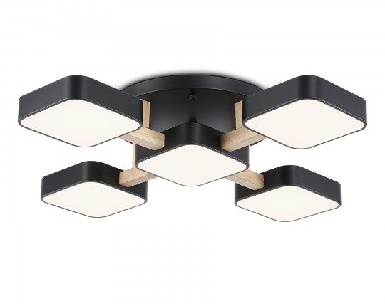  Люстра светодиодная на штанге FL4883/5 BK/WD черный/дерево 90W 3000-6000K 675*675*110 (без ПДУ)