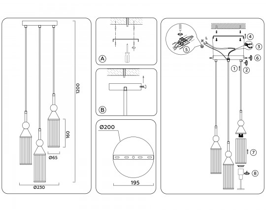  Подвесной светильник LH55252/3 BK/BS/CL черный/латунь/прозрачный E14*3 max 40W D230*1200