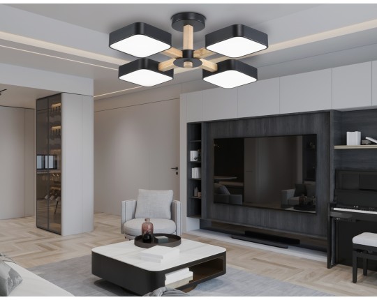  Люстра светодиодная на штанге FL4880/4 BK/WD черный/дерево 72W 3000-6000K D610*160 (без ПДУ)