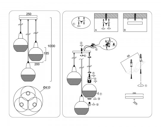  Светильник подвесной TR8503/3 WH/CP белый/медь E27/3 max 60W D410*1000