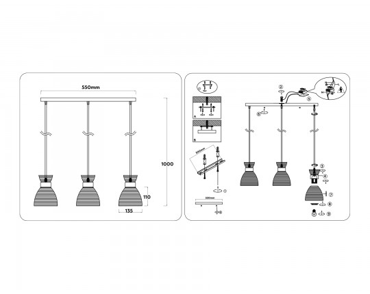  Светильник подвесной со стеклянными плафонами TR3407/3 BK/FGD/SM черный/золото/дымчатый E27/3 max 60W 550*135*1000