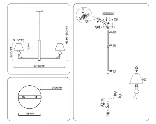  Люстра на штанге с абажурами LH75162/7 BS/FR латунь/белый матовый E14*7 max 40W D890*580