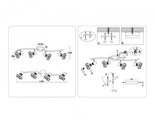  Настенно-потолочный спот в стиле лофт TR8658/4 BK/GD черный/золото E14/4 max 60W 750*100*185