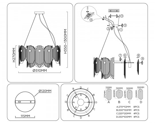  Подвесной светильник LH31201/6 SN/SM сатин никель/дымчатый E14*6 max 40W D510*270