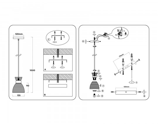  Светильник подвесной со стеклянным плафоном TR3401 FGD золото E27 max 60W D135*1000