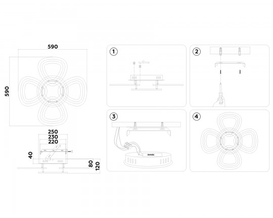  Потолочный светодиодный светильник с пультом FA8926/4+1 BK/CH черный/хром 163W 3000K-6400K 590*590*120 (ПДУ РАДИО 2.4G)