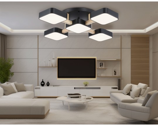  Люстра светодиодная на штанге FL4883/5 BK/WD черный/дерево 90W 3000-6000K 675*675*110 (без ПДУ)