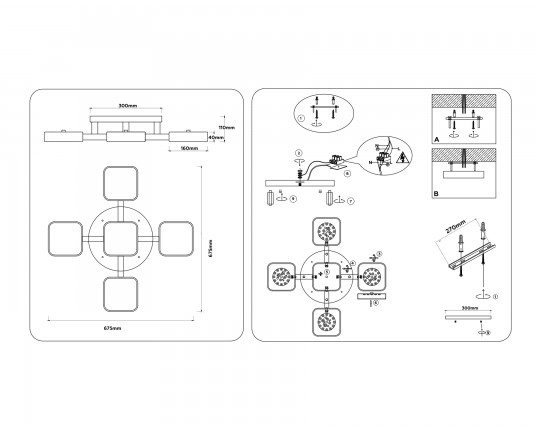  Люстра светодиодная на штанге FL4883/5 BK/WD черный/дерево 90W 3000-6000K 675*675*110 (без ПДУ)