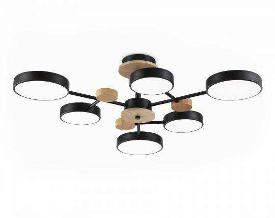  Люстра светодиодная на штанге FL4863/6 BK/WD черный/дерево 90W 3000-6000K D750*180 (без ПДУ)