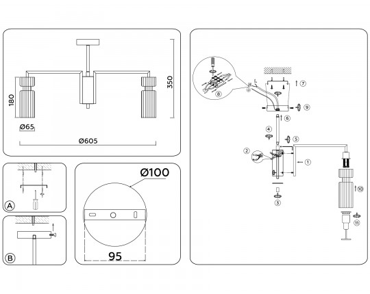  Люстра на штанге LH56113/5 BK/BS/CL черный/латунь/прозрачный E14*5 max 40W D605*350