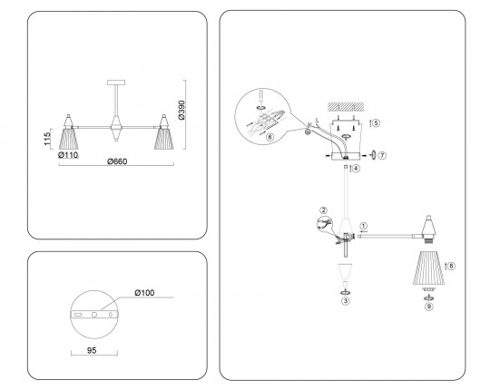 Люстра на штанге LH58114/5 BK/LW/SM черный/светлое дерево/дымчатый E14*5 max 40W D660*390