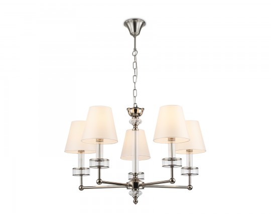  Подвесная люстра с абажурами и хрусталем LH71001/5 BN/WH никель/белый E14*5 max 40W D670*1130