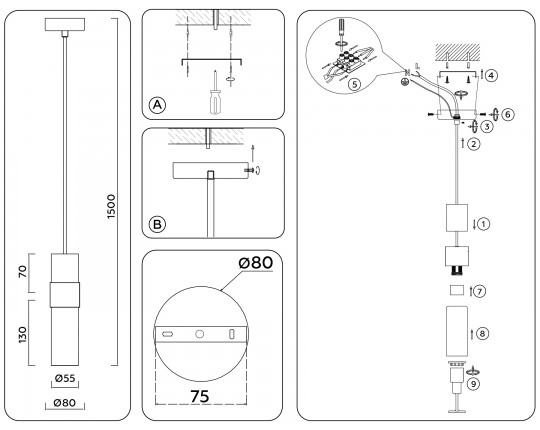  Подвесной светильник LH55101 BK/FR/TI черный/белый матовый/янтарь E14 max 40W D55*1500