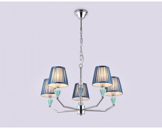  Подвесная люстра с абажуром и декором из керамики LH75061/5 CH/DB хром/темно синий E14/5 max 40W D690*810