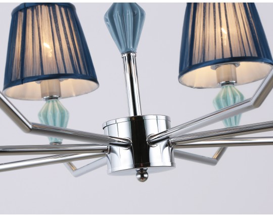  Подвесная люстра с абажуром и декором из керамики LH75063/8 CH/DB хром/темно синий E14/8 max 40W D870*810