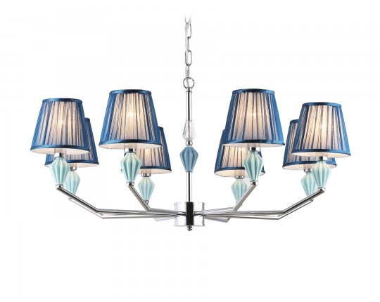 Подвесная люстра с абажуром и декором из керамики LH75063/8 CH/DB хром/темно синий E14/8 max 40W D870*810